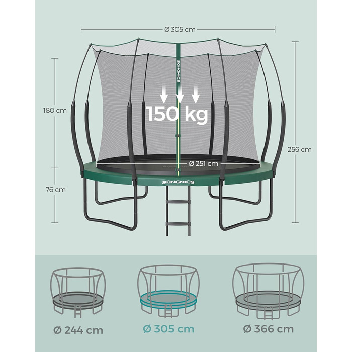 Батут SONGMICS для дітей та дорослих Ø305 см, зелений, з захисною сіткою та пружинами, вуличний
