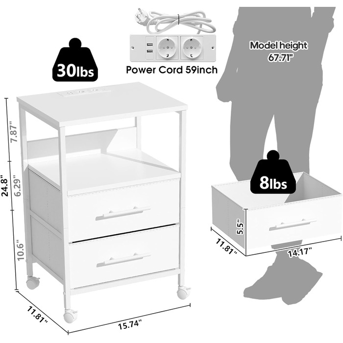Тумбочка з портом для зарядки, 2 розетки змінного струму, 2 порти USB, універсальне колесо, металевий каркас, шухляди для тканини, 30x40x60см, білий