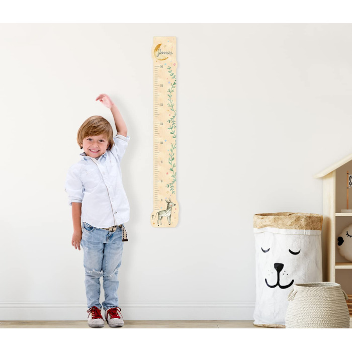 Іменна дитяча дерев'яна мірна паличка Зебра з берези з бажаним ім'ям, дитяча мірна паличка мотив зебри з зірками і місяцем, приблизно 15 х 100 см