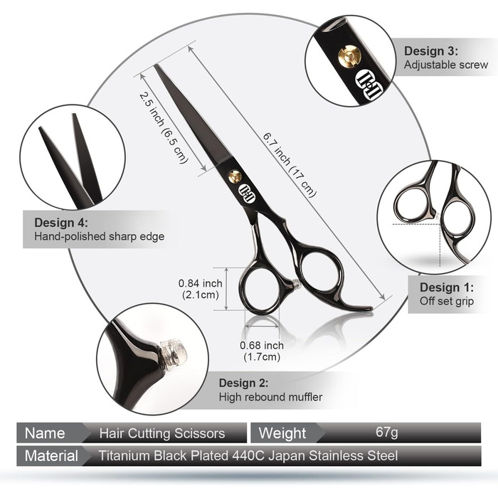 Перукарські ножиці, CIICII Ножиці для стрижки волосся Професійний набір 6,7 дюймів (ножиці для волосся та ножиці для спрощення) для стрижки бороди, формування, догляду за волоссям, чорний (65 символів)
