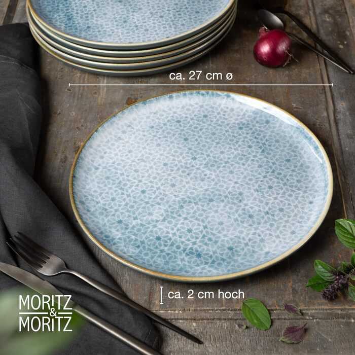 Набір посуду Moritz & Moritz TERRA на 6 осіб: 6 тарілок для їжі, десертних тарілок, мисок (Азурний блакитний), 6 великих тарілок з високоякісного порцеляну