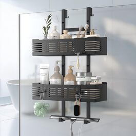 Настінна поличка для душу без свердління, чорна, для скляних душових кабін, регульована висота, 3 гачки для шампуню та гелю для душу