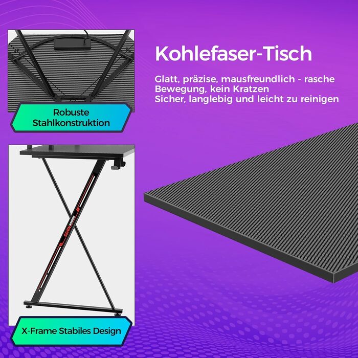 Ігровий стіл SEVEN WARRIOR з LED-підсвічуванням, розетками, моніторний стійка, 2 гачки, L-подібний, 147 см