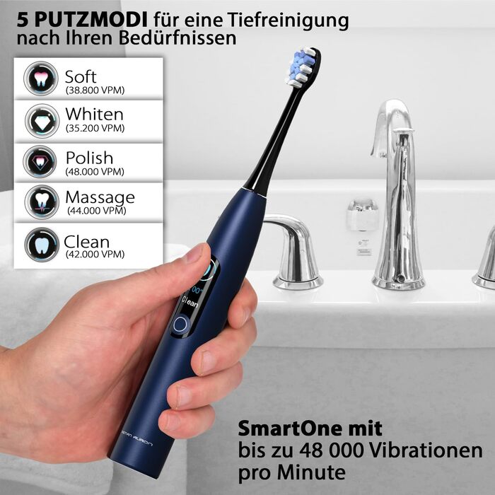 Електрична звукова зубна щітка Tristan Auron SmartOne (Блакитна) – 48 000 вібрацій, 5 режимів, дисплей, USB-C, акумулятор на 6-8 тижнів, IPX7, 6 насадок з чохлом