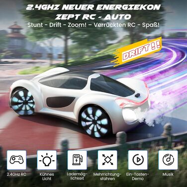 SIMREX RC Автомобіль 360° Дрифт Stunt Авто на радіокеруванні з LED підсвіткою дисків та туманом, 2.4GHz для дітей та дорослих від 6 років, подарунок на день народження, білий