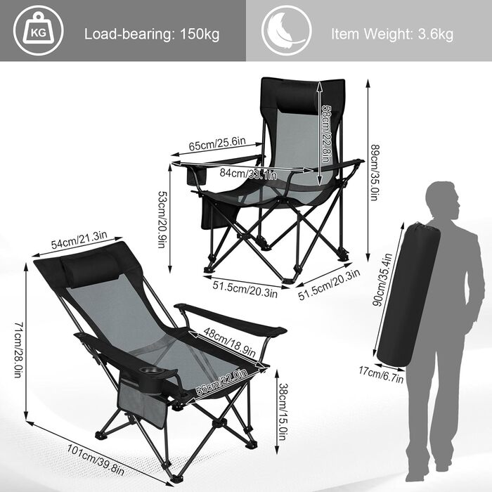 Набір розкладних стільців WOLTU Camping Chair з 2 шт. , розкладний стілець Шезлонг з регульованою спинкою, рибальське крісло ультралегке з підлокітниками та підстаканником, до 150 кг CPS8163-2 Black Grey