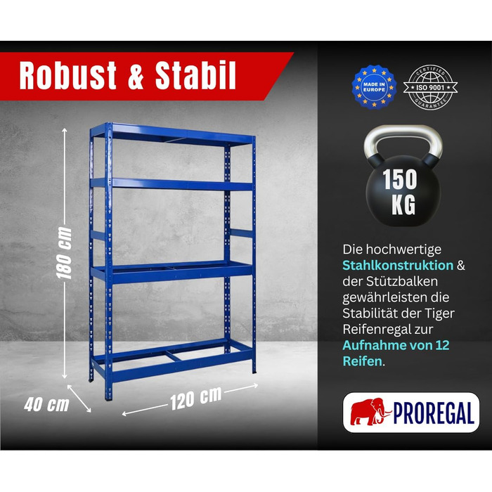 Стелаж для шин PROREGAL Tiger XL: 200x180x45 см, 300 кг навантаження, до 205/55 R16, для майстерні, складу, підвалу (12 шин + 2 полиці, блакитний)