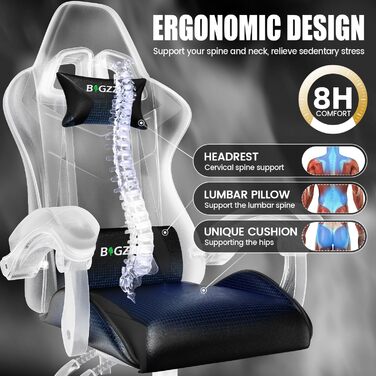 Ігровий крісло Bigzzia Ergonomiczne - Чорний, для геймерів, PC, комп'ютерне, з підголівником та підлокітниками