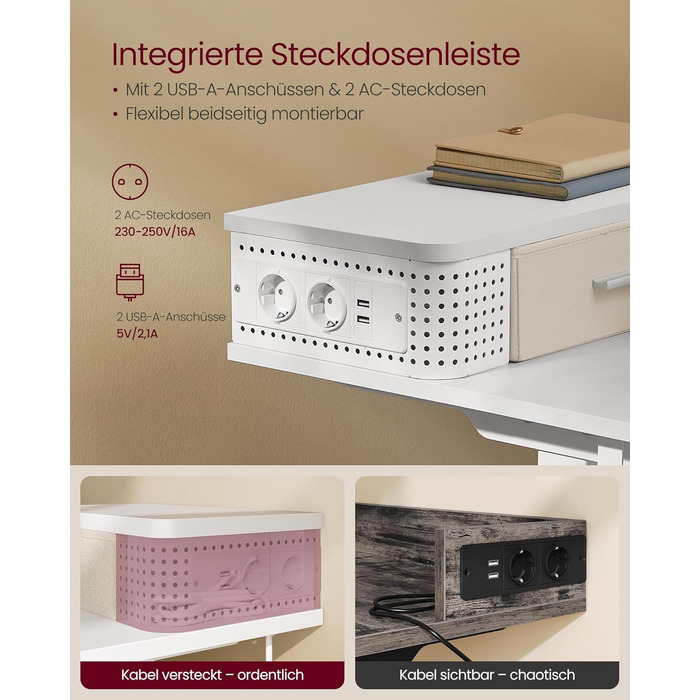 Електричний регульований стіл VASAGLE 120x60 см, білий, з підставкою для монітора, USB-роз'ємами, пам'яттю висоти