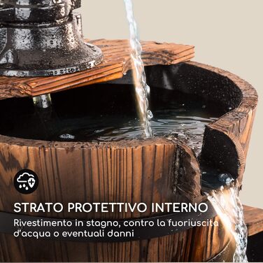 Каскадний фонтан blumfeldt Cascada Doble - декоративний фонтан, 2-ярусні дерев'яні бочки, насос 12 Вт, вхід води не потрібен, діжки з ялинового дерева, чавунний ручний насос, коричневий