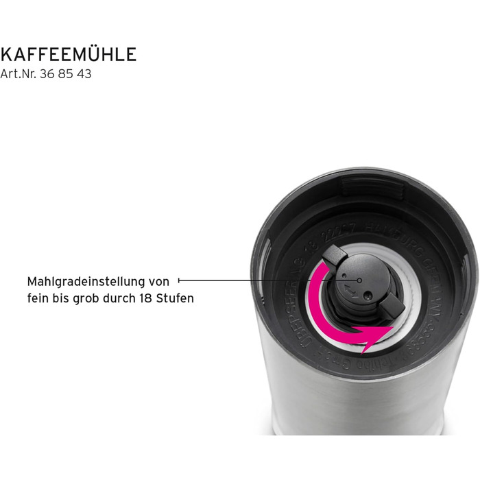 Кавомолка Tchibo ручна, керамічний жорно, регульований помел, срібна