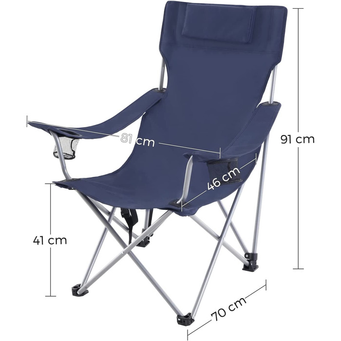Крісло для кемпінгу SONGMICS, розкладне крісло, вуличне крісло з підлокітниками, підголівником і підстаканниками, міцна рама, з можливістю завантаження до 150 кг, GCB09BK (темно-синій)