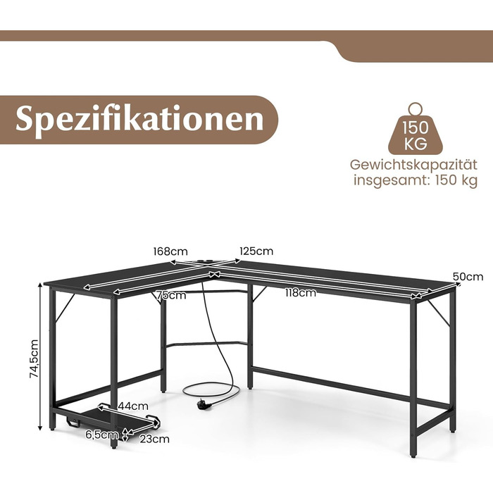 Письмовий стіл COSTWAY L-подібний з розетками та підставкою для процесора, 168x125x74.5 см, чорний, для домашнього офісу
