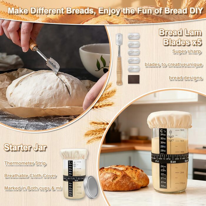 Набір для приготування закваски (12 шт.), 23,5см & 25,4см: корзини для бродіння, скляна тара для закваски, лопатки та мішалки для тіста. Ідеально для початківців