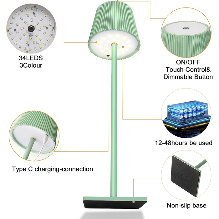 Бездротова світлодіодна настільна лампа Riokko, з можливістю затемнення, 3 колірні температури, USB-C, IP54, акумулятор, зелений