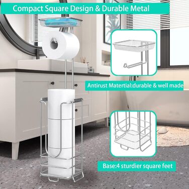Тримач для кухонних рулонів Стоячий тримач для серветок з нержавіючої сталі для зберігання туалетного паперу, тримач для кухонного рулону з нековзною нижньою основою, органайзер для кухонних рулонів під мармур (сріблястий, вдосконалений з полицею)