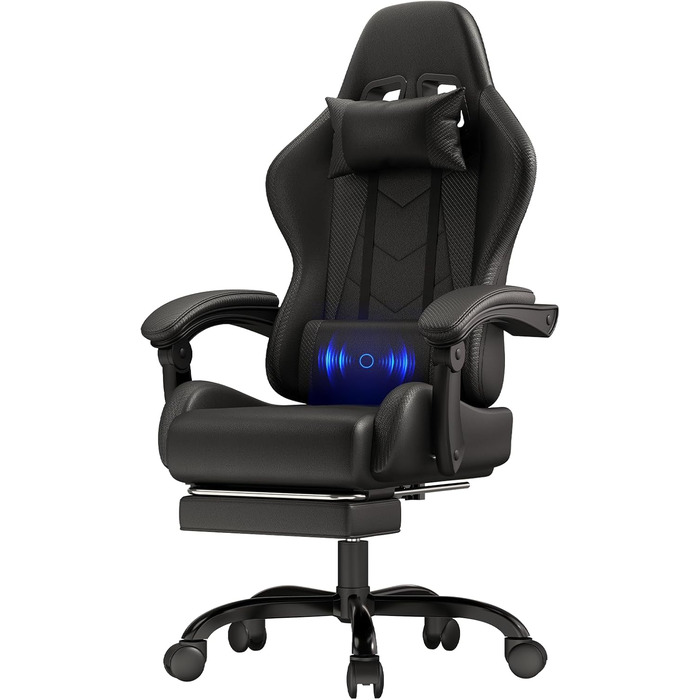 Ігровий крісло JUMMICO з масажем, ергономічний офісний крісло з підголовником для попереку, регульована спинка 90-135°, підставка для ніг, чорний, до 150 кг