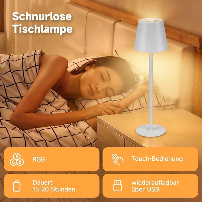 Дві бездротові LED-лампа настільні, перезаряджувані, 3000K та RGB, USB-C, 5500mAh, вологостійкі (Білий, 2 шт.)