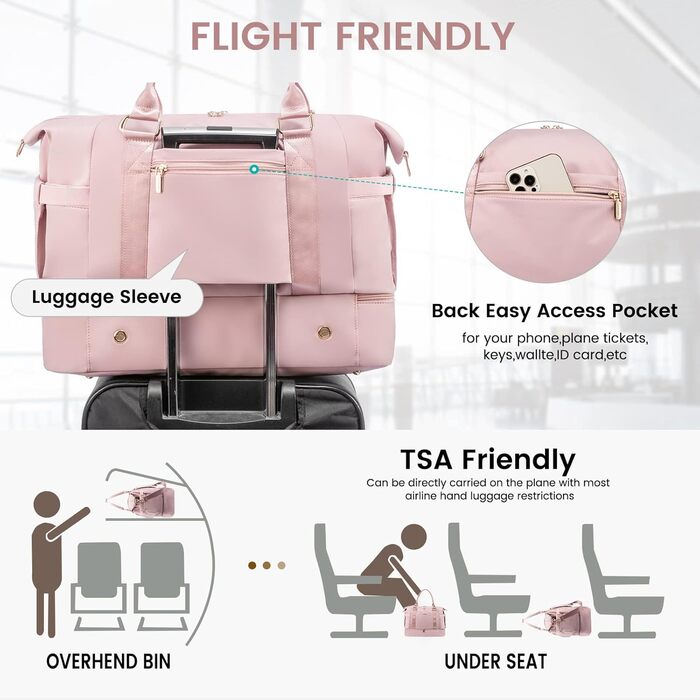 Спортивна сумка LOVEVOOK для подорожей, жіноча, 37L, рожева: Weekender, культ. сумка, відділення для взуття та мокрих речей