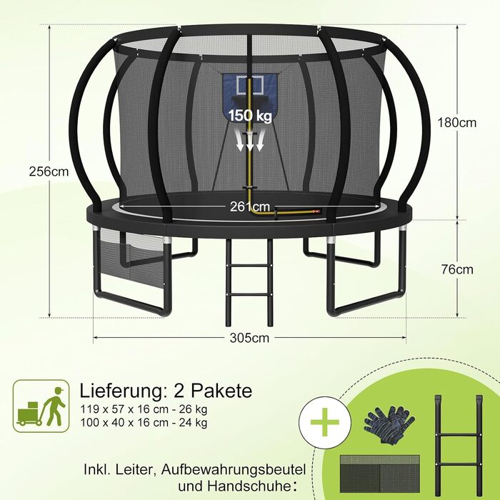 Батут садовий Devoko з сіткою та баскетбольним кільцем, діаметр 305 см, до 150 кг - для дітей та дорослих, чорний