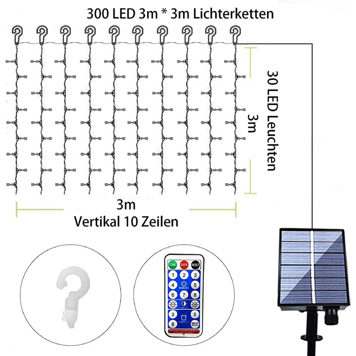 Гірлянда на сонячних батареях, FANSIR 3 X 3 м, 300 світлодіодних гірлянд, завіса з 8 режимами дистанційного керування, водонепроникні гірлянди на сонячних батареях