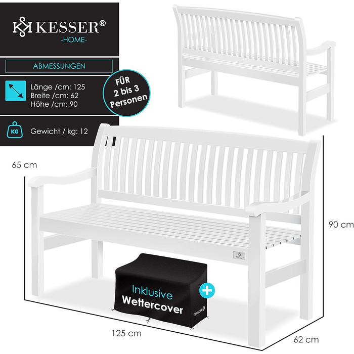 Садова лавка KESSER® дерев'яна для 3-4 осіб, біла 125 см, з чохлом - міцна паркова лавка з масиву для балкона, тераси та саду