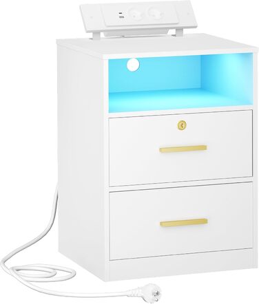 Приліжковий столик Hzuaneri з USB, Type-C, LED-підсвіткою, 2 шухлядами і замком, білий для спальні/вітальні