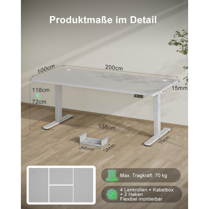Електричний стіл Devoko 200x80 см з USB-C, білий. Регулювання висоти, комп'ютерний стіл з органайзером для кабелів