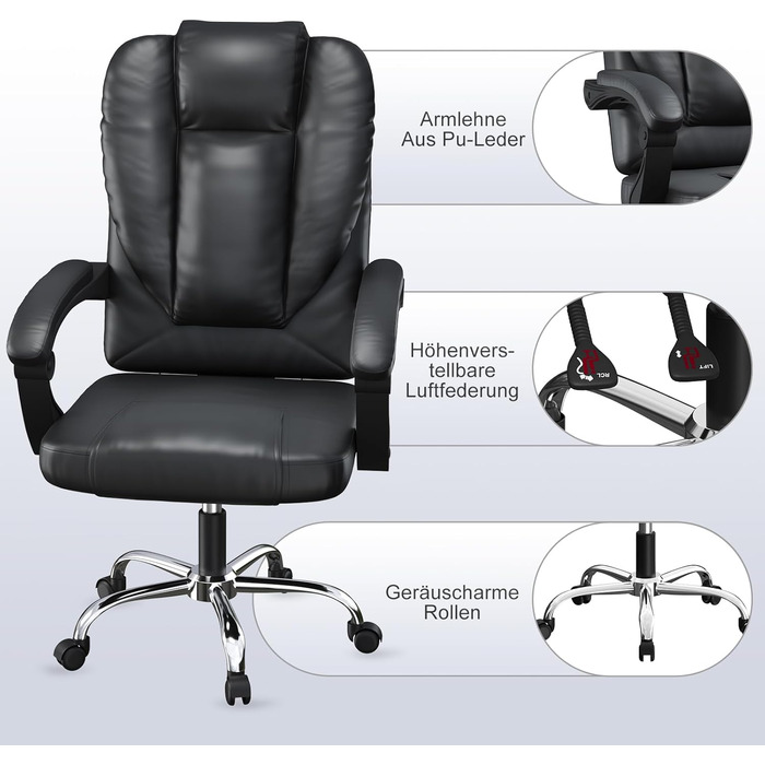 Офісний стіл Naspaulro Ergonomischer Bürostuhl з регульованою висотою та високою спинкою, м'яке сидіння, поворотний крісло з бавовняно-льняної тканини, коліщата, для роботи (чорний, шкіра)