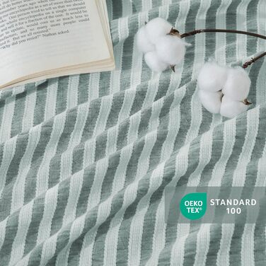 Набір постільної білизни SOULFUL 200x200, бавовна, смугастий дизайн, джакард, екологічна бавовна, бохо стиль, преміум якість, сертифікат Öko-Tex 100, колір деним (темно-зелений & білий), 4-елементний комплект (2x 135*200 см | 2x 80*80 см)