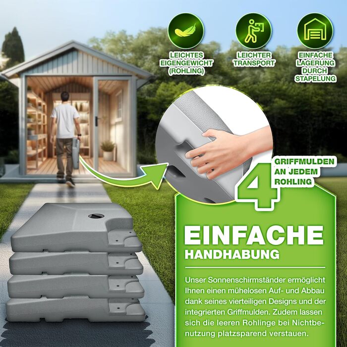 Сонцезахисний стійка Tillvex® 90 літрів / 120 кг – 4 частини для парасольки, з металевим з'єднувачем | Заповнюється водою або піском | Стійка для парасольки Tillvex® вологостійка (Сірий)