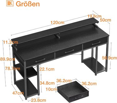 Стіл ODK з шухлядами, стіл з полицею, комп'ютерний стіл з підставкою для монітора, офісний стіл для домашнього офісу, (120x50x90см, чорний)