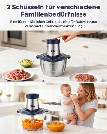 М'ясорубка електрична Bear 2л + 1.8л, подрібнювач зі скляною та нержавіючою сталлю, 600W, 2 швидкості, 4 сталеві ножі для м'яса, дитячого харчування, овочів та фруктів