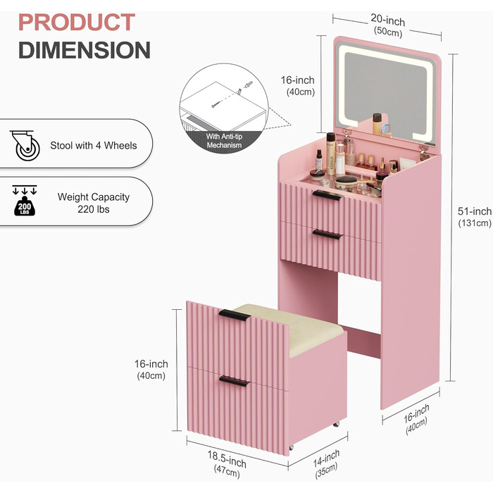 Трюмо Lvifur з LED-дзеркалом та 3 шухлядами, кутовий, для спальні, квартири, гуртожитку, білий (рожевий)