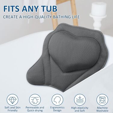 Подушка для ванни LuxStep з Air-Mesh тканини та 6 антиковзними присосками, для підтримки голови, шиї та спини, аксесуар для ванної кімнати, сірий колір