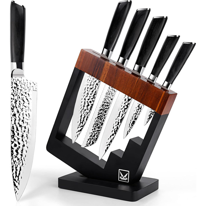 Набір кухонних ножів Messerblock 6 предметів: професійний набір з нержавіючої сталі з ергономічною ручкою з ебену, включає кухонний, м'ясний, хлібний, універсальний та овочевий ножі
