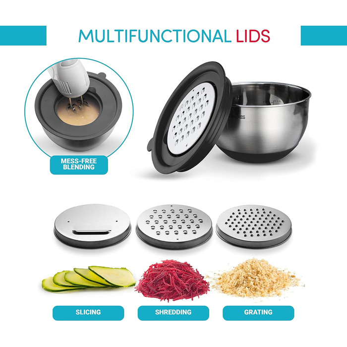 Набір місок для перемішування з кришками 5 шт. - міски для зберігання з герметичними кришками та тертками - містки з нержавіючої сталі з неслизьким покриттям для випічки, зберігання продуктів та приготування (Чорний)