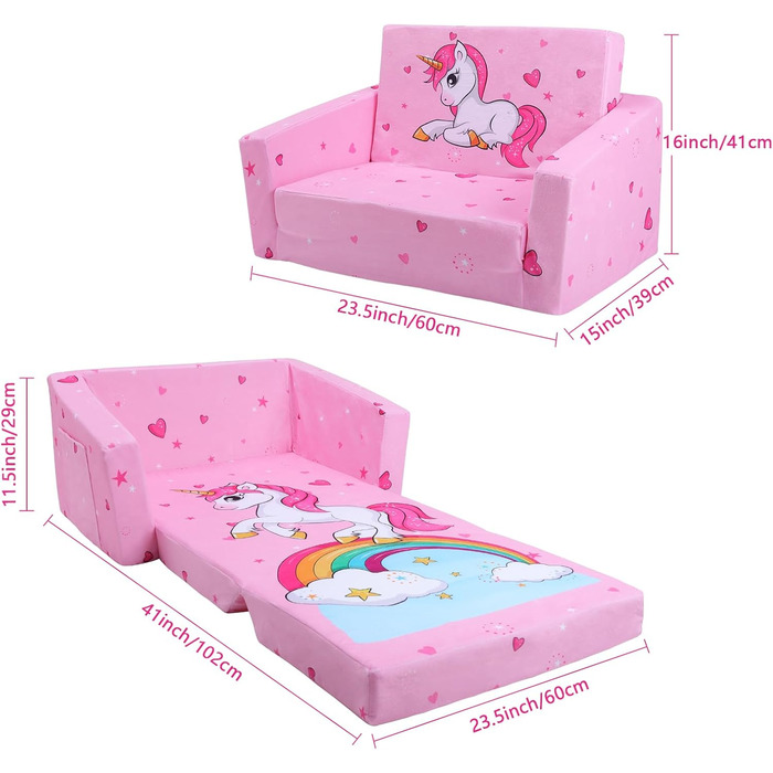 Дитяче крісло-софа 2 в 1 з кишенькою та неслизьким подушкою, розкладне, з єдинорогом для дитячої, вітальні, ігрової кімнати