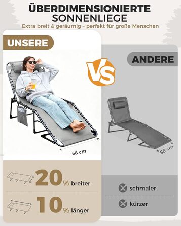 Лежак для відпочинку KingCamp великого розміру, складаний, 5 положень, для саду, кемпінгу, пляжу, з подушкою та кишенею, до 200 кг, 200 x 68 см, сірий