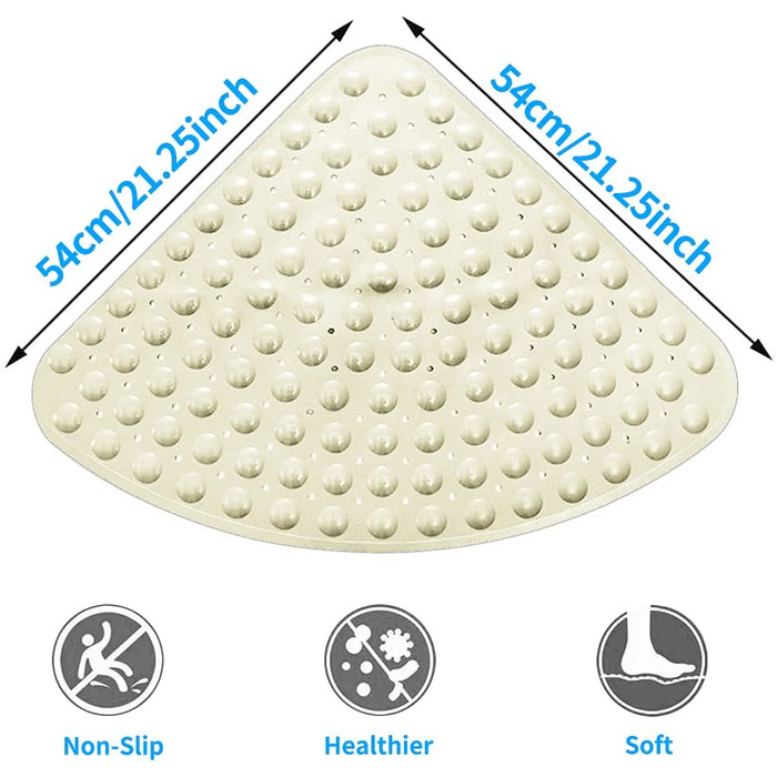 Кутовий килимок для душу DINGC нековзний килимок для душу з ПВХ, чверть кола Килимки для ванної з присоскою і зливними отворами, великий килимок для душа 54x54 см для душа трикутна ванна кімната або ванна масаж (бежевий)