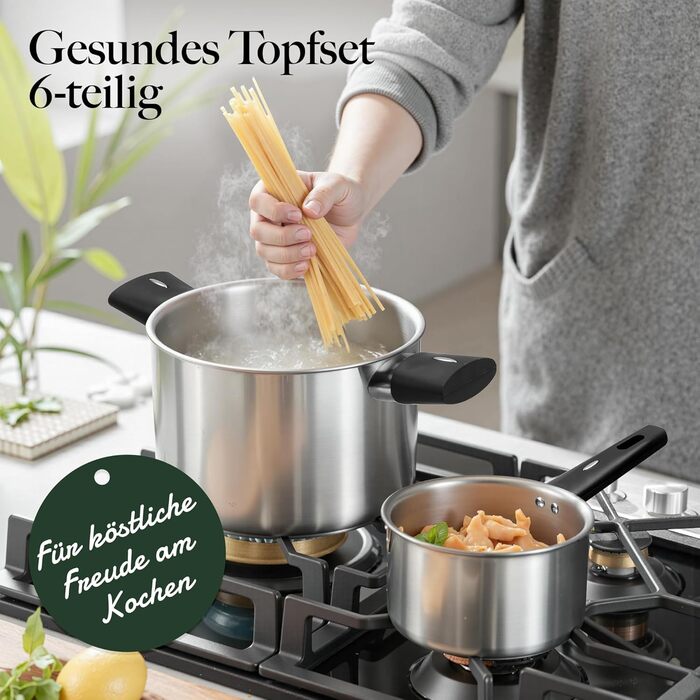Набір каструль 6 шт. з нержавіючої сталі для індукційних плит, Cookware Set, нержавіюча сталь, без антипригарного покриття, сумісний з усіма типами плит, з кришкою та захистом від опіків, для посудомийної машини