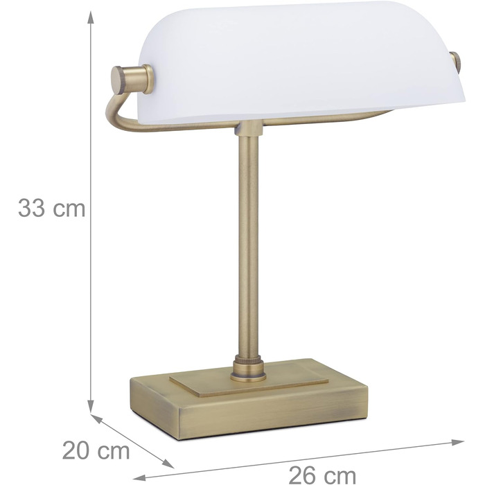 Лампа Relaxdays Banker, скляний плафон, що нахиляється, металева основа, E14, настільна лампа в стилі ретро, лампа для бібліотеки, білий/латунь, 33 x 26 x 20 см