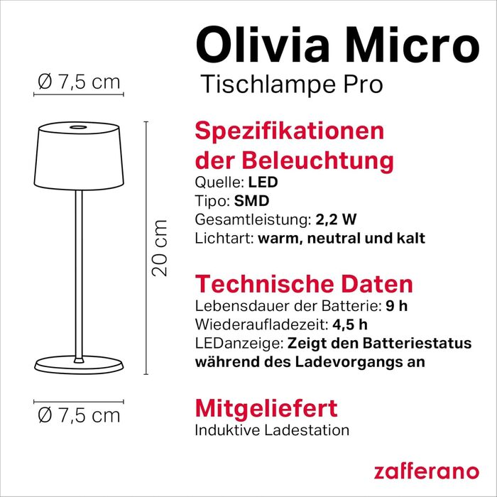 Zafferano Olivia Micro - Бездротова LED-лампа, 2200-3000K, регулювання яскравості, для дому та вулиці, 20 см, білий колір