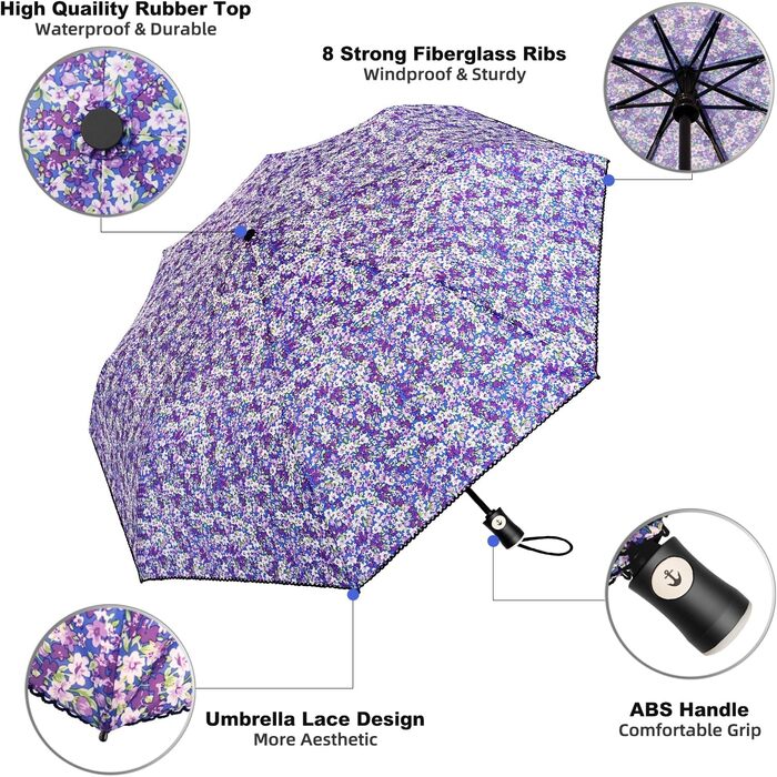 Компактна автоматична вітрозахисна парасолька для квітів для дорослих, 8 ребер, портативна, синя