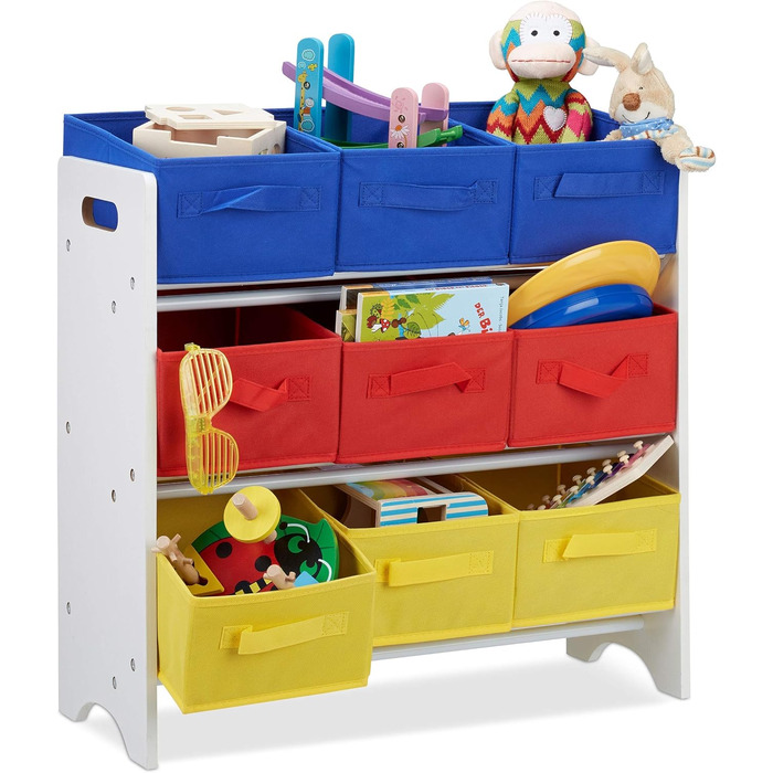 Біла/різнокольорова дитяча полиця з коробками, 9 складних кошиків з ручками, металеві трубки, іграшки, МДФ, ВхШхГ 62x63x28см, стандарт