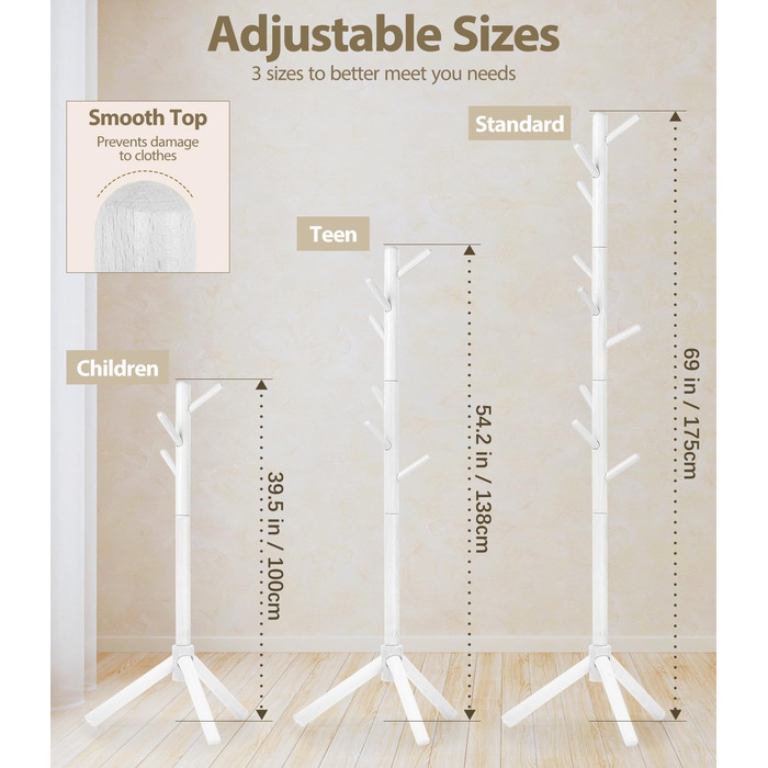 Підвісна шафа для одягу з бука, 9 гачків, 3 положення по висоті, білий колір