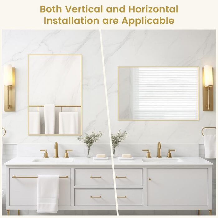 Дзеркало для ванної кімнати Homecookin Goldspiegel, 50.8 x 76.2 см, прямокутне, з металевим каркасом, для встановлення над умивальником, горизонтально або вертикально