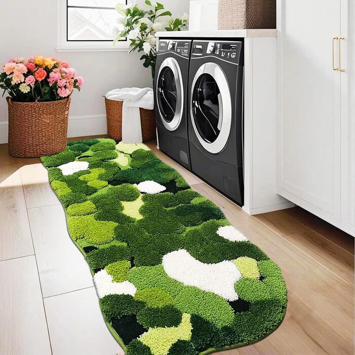 Килимок для ванної кімнати з м'яким зеленим мохом, 61 x 152 см, Boho стиль, антиковзаюча, швидковисихаюча, для ванної, кухні, спальні