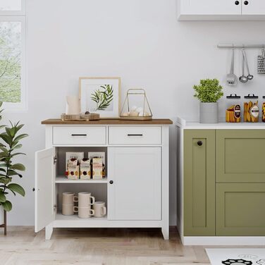 Кухонна шафа HOCSOK з робочою поверхнею, комод з 2 шухлядами та 2 дверцятами, буфет для кухні, вітальні, їдальні, передпокою, дерево, стиль кантрі, білий
