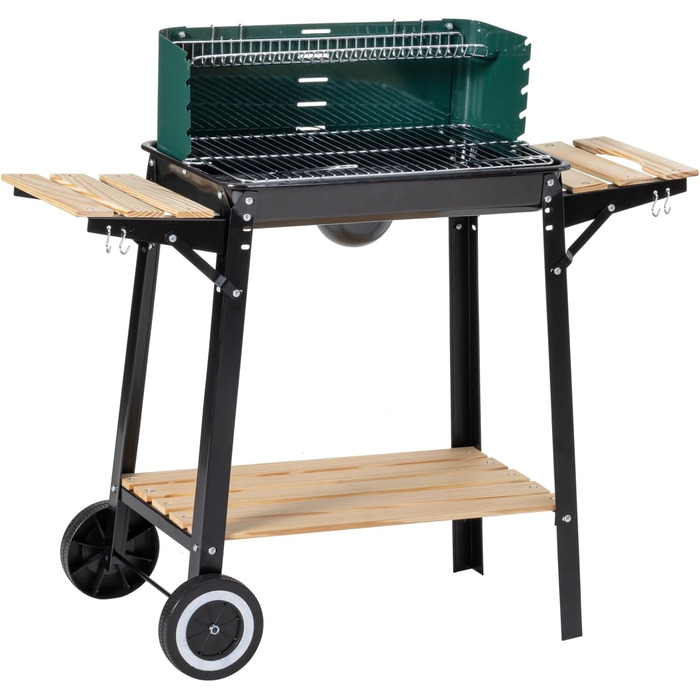 Гриль вугільний на коліщатках ARO, сталь/дерево, 2 решітки, 2 полиці, зелений